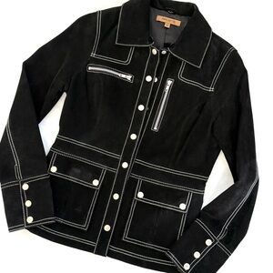 Arden B Black Leather Jacket with White Stitching